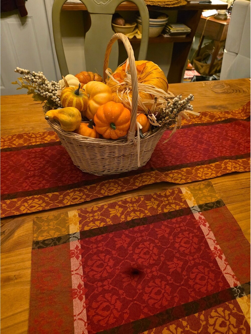 Decorative Basket with Mini Pumpkins and Gourds table runner & placemats